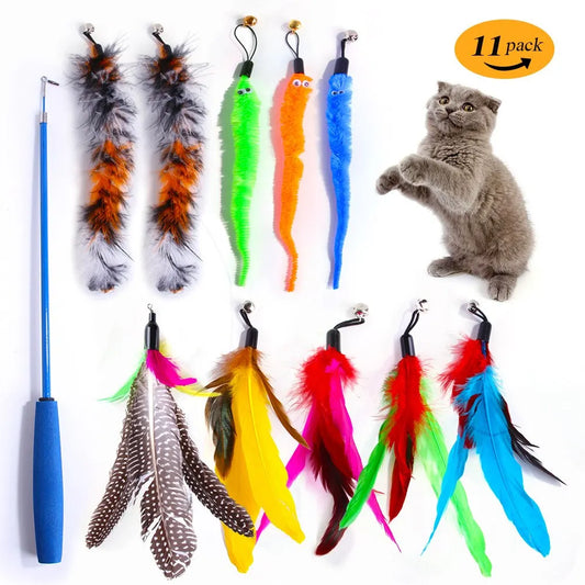 11-in-1 Retractable Cat Feather Toy Set - Retractable Wand, Endless Fun Anywhere
